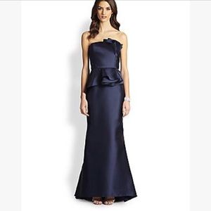 Carmen Marc Valvo Strapless Satin Peplum Gown Navy
